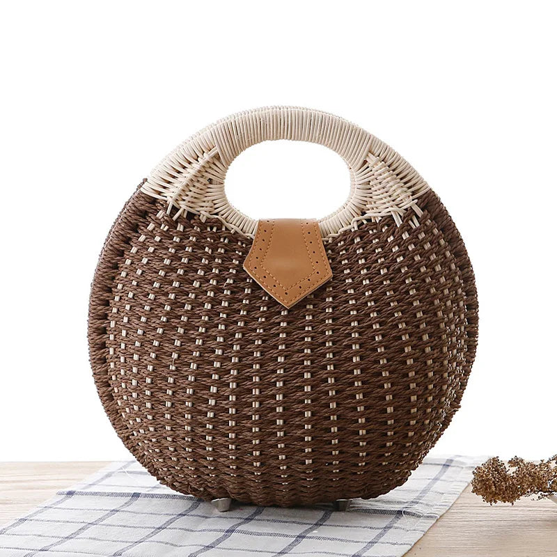 Natural Rattan Handwoven Round Shell Handbag