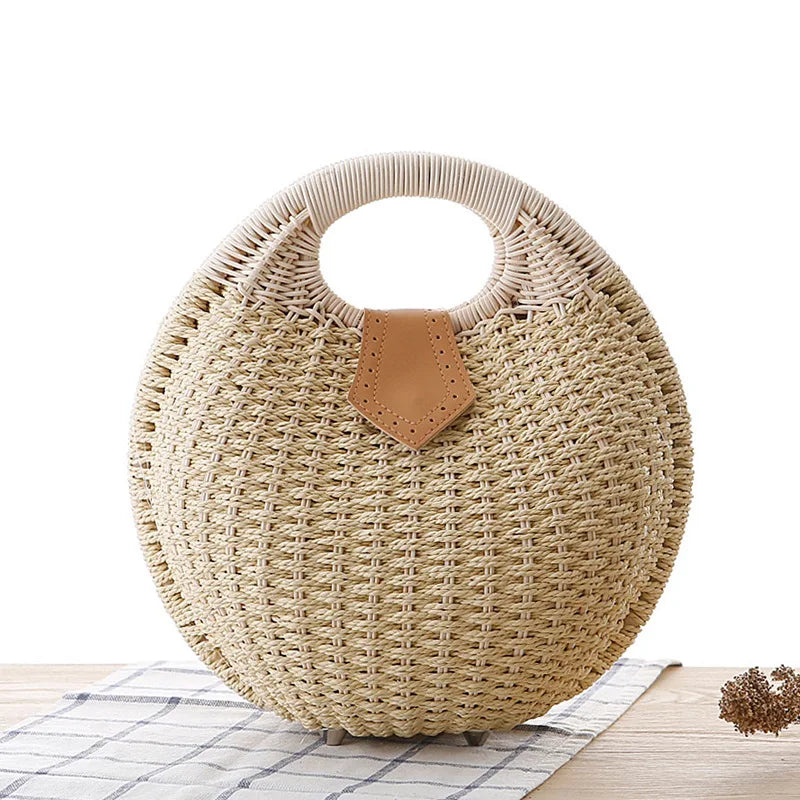 Natural Rattan Handwoven Round Shell Handbag