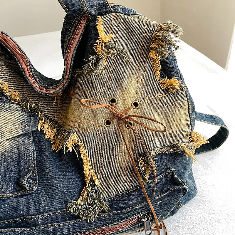 Vintage Distressed Denim Shoulder Bag