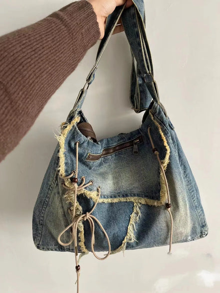 Vintage Washed Denim Shoulder Bag