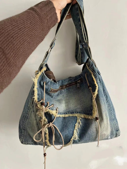 Vintage Washed Denim Shoulder Bag