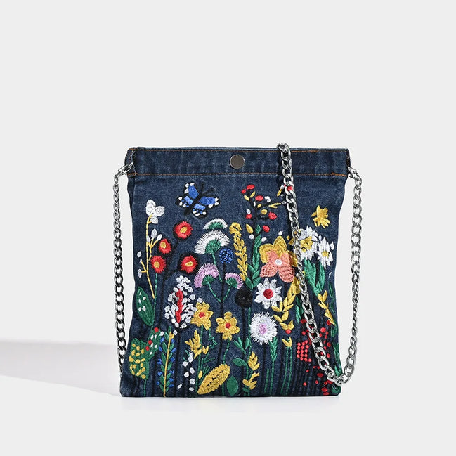 Embroidered Denim Shoulder Bag