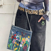 Embroidered Denim Shoulder Bag