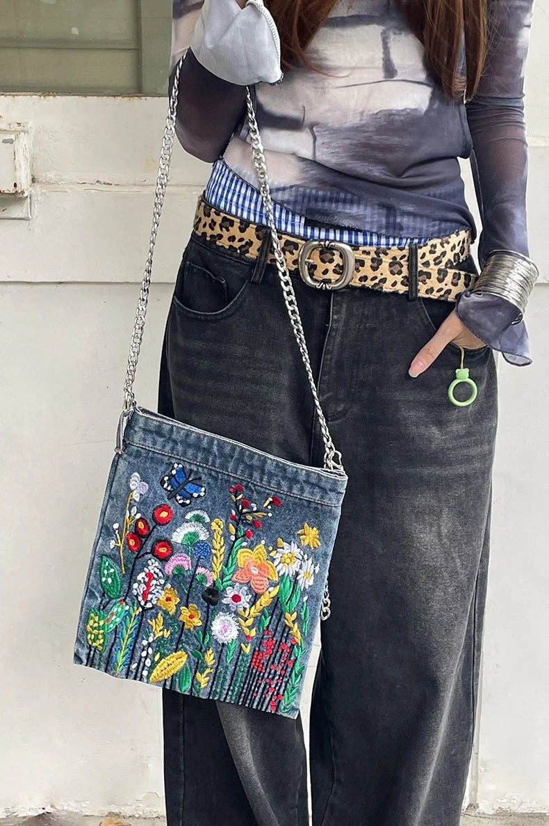 Embroidered Denim Shoulder Bag