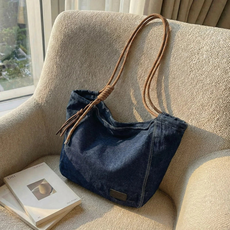 Washed Denim Fabric Tote Bag