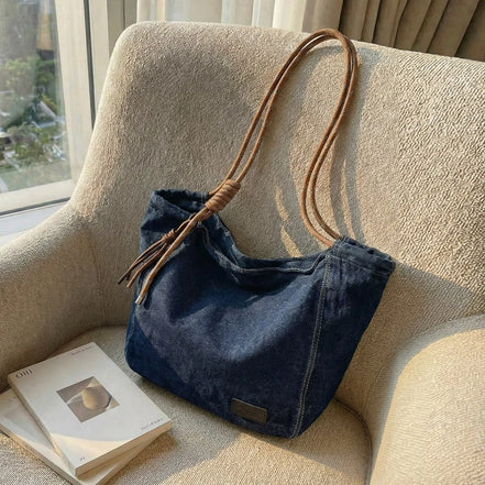 Washed Denim Fabric Tote Bag