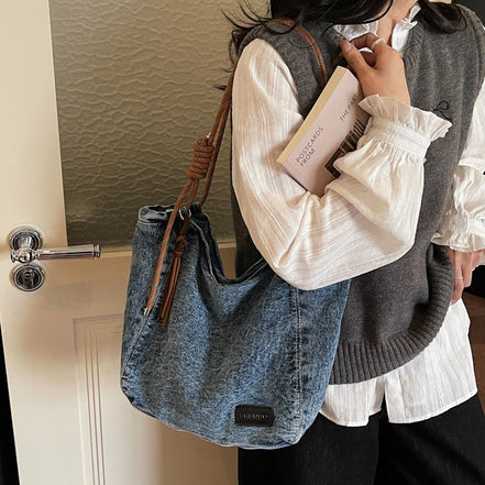 Washed Denim Fabric Tote Bag