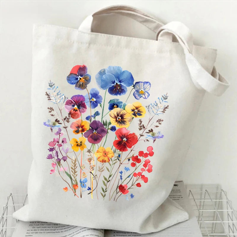 Boho Wildflowers Pattern Canvas Tote Bag