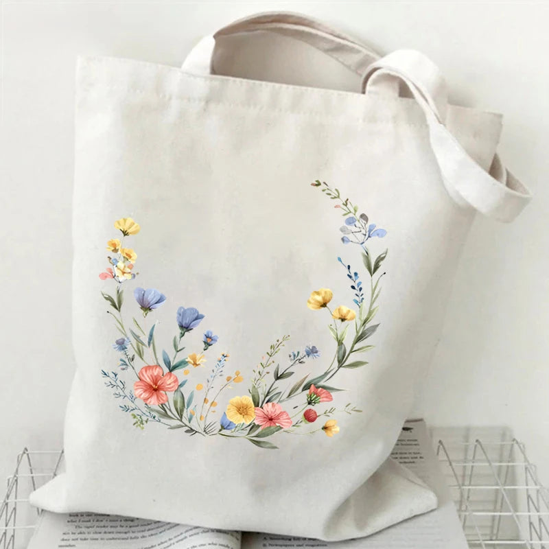 Boho Wildflowers Pattern Canvas Tote Bag