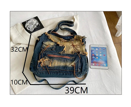 Vintage Distressed Denim Shoulder Bag