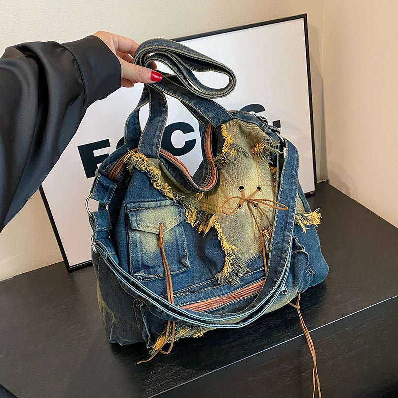 Vintage Distressed Denim Shoulder Bag