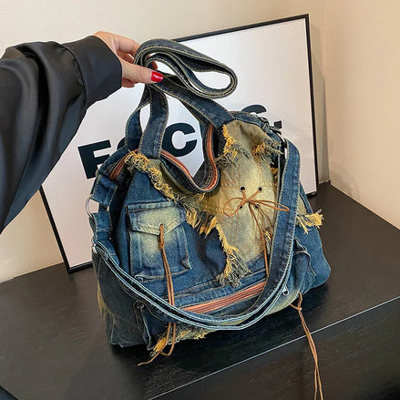 Vintage Distressed Denim Shoulder Bag