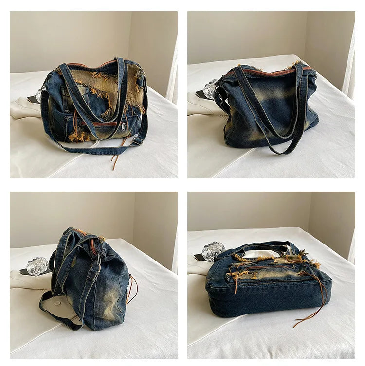 Vintage Distressed Denim Shoulder Bag