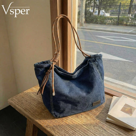 Washed Denim Fabric Tote Bag
