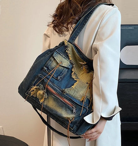 Vintage Distressed Denim Shoulder Bag