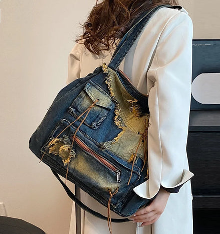 Vintage Distressed Denim Shoulder Bag