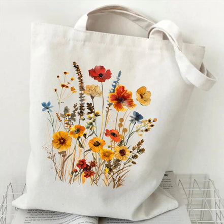 Boho Wildflowers Pattern Canvas Tote Bag
