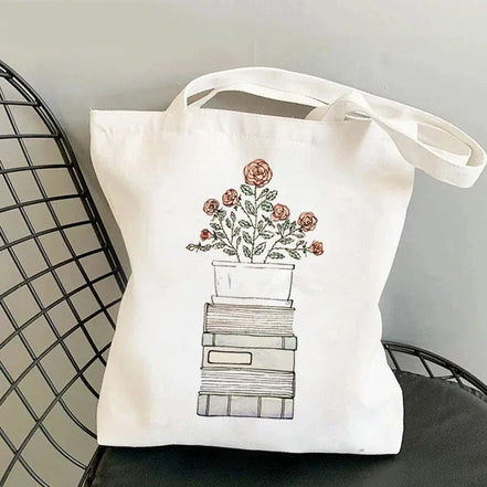 Book Lover Floral Canvas Tote Bag