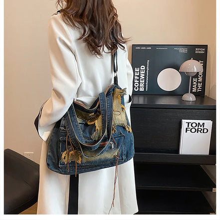 Vintage Distressed Denim Shoulder Bag