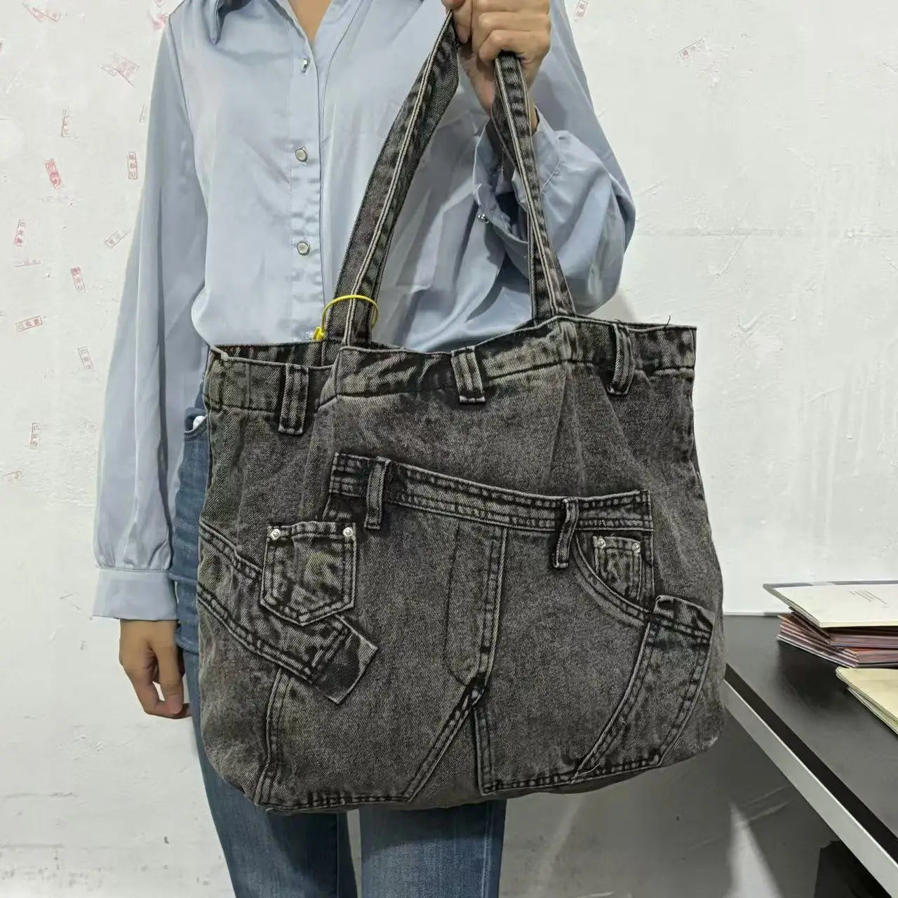 Washed Denim Shoulder Bag