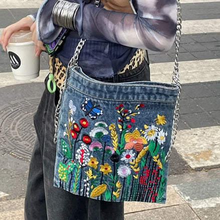 Embroidered Denim Shoulder Bag