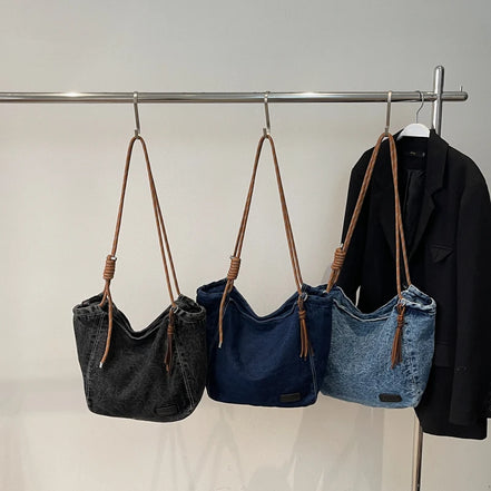 Washed Denim Fabric Tote Bag