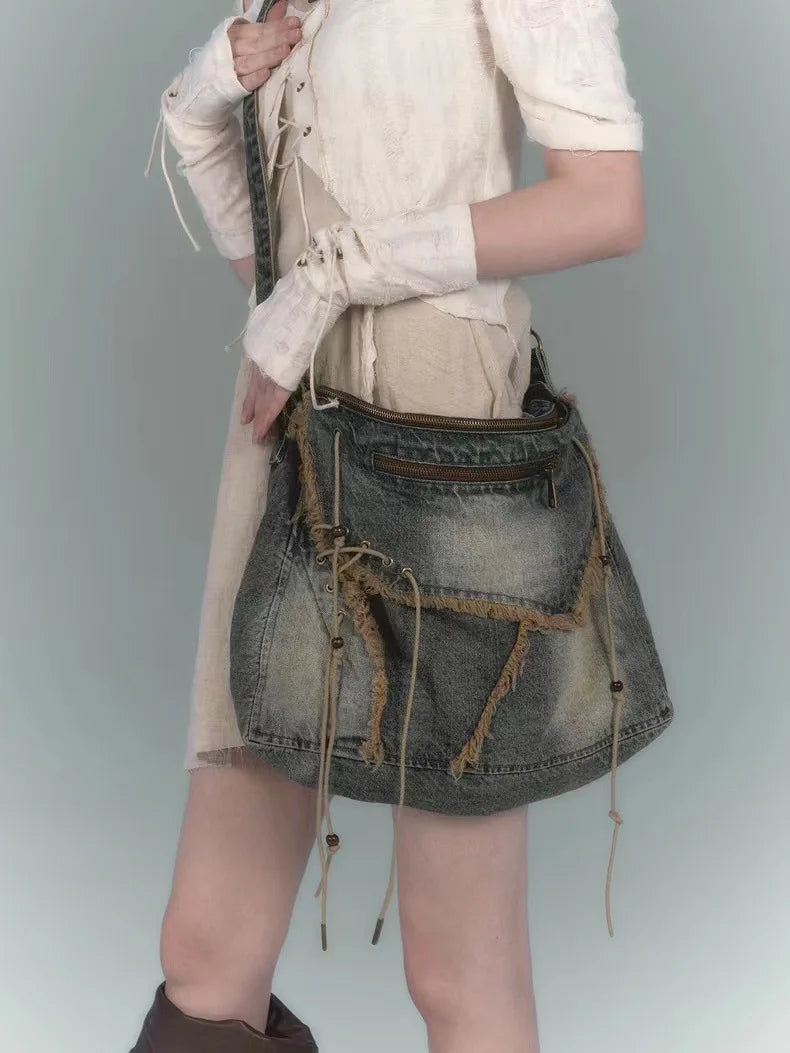 Vintage Washed Denim Shoulder Bag