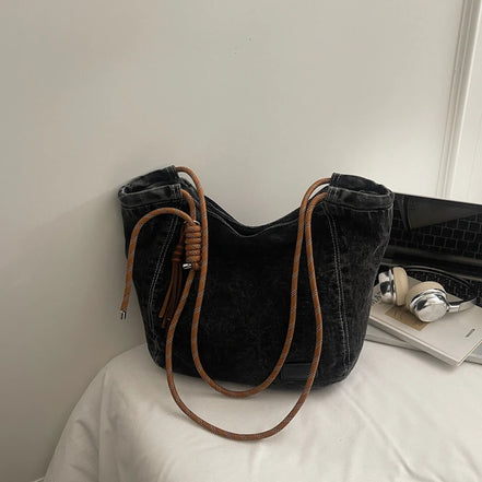 Washed Denim Fabric Tote Bag