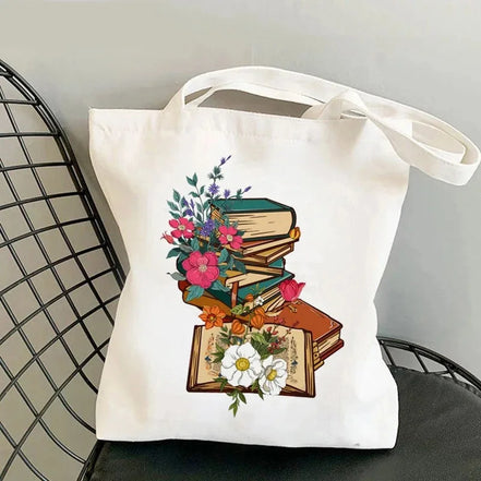 Book Lover Floral Canvas Tote Bag