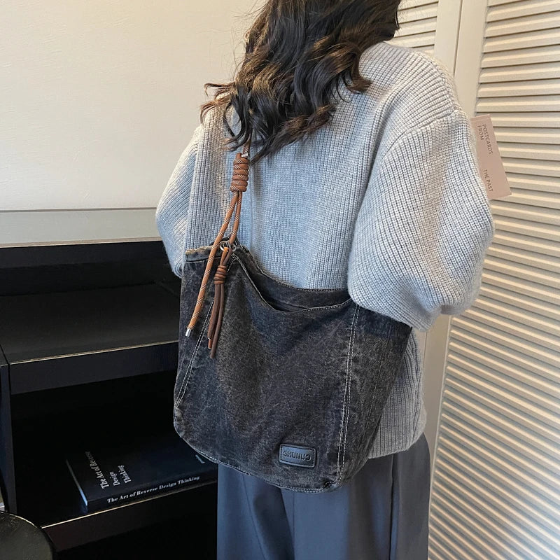 Washed Denim Fabric Tote Bag